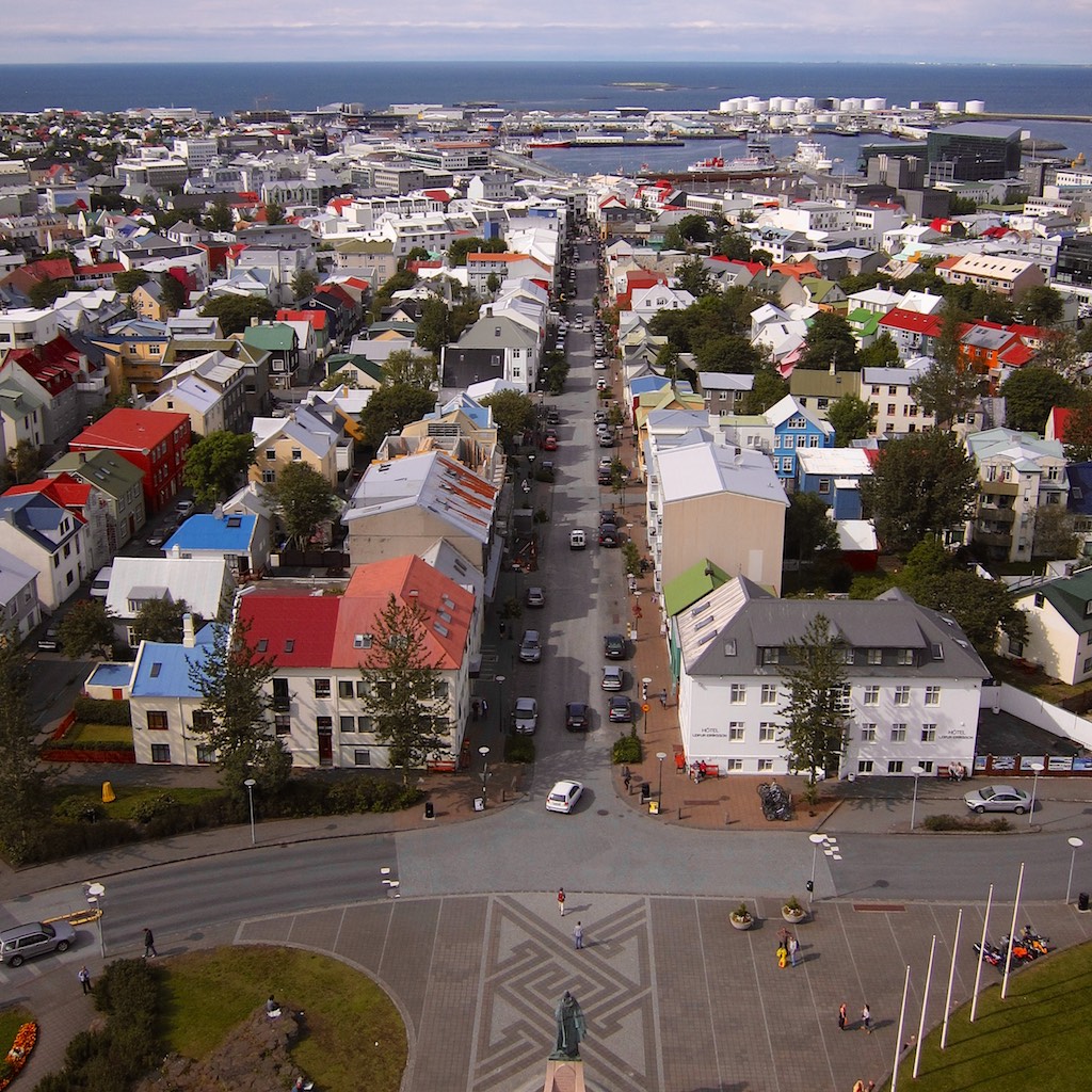The view from the Hallgrímskirkja clocktower. The church is Reykjavík's main landmark and its tower can be seen from almost everywhere in the city.