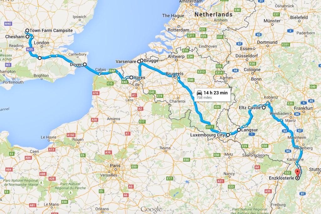 In week 1 we left the UK from Dover and travelled via Ieper, Brugge, Luxembourg and down the Rhine Valley and into the Black Forest. (Map source: Google)