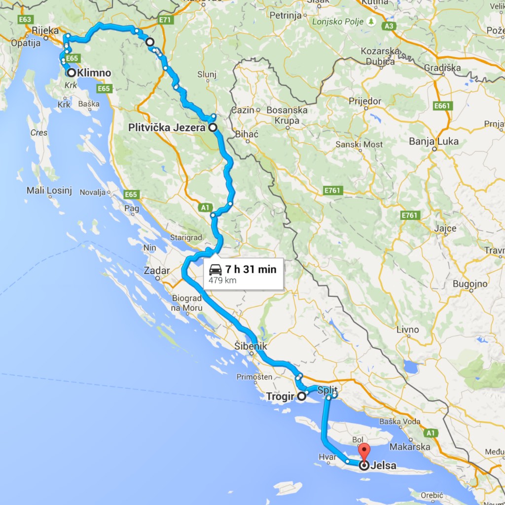 Week 5 route from Klimno (Krk island) via Plitvička National Park, to Trogir and finally Hvar island.
