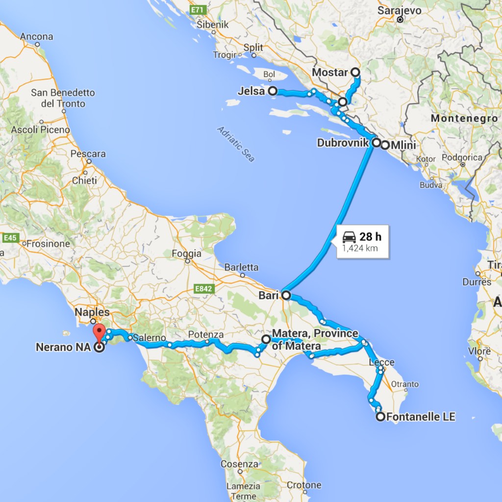 Our route during week 6 from the Island of Hvar in Croatia to the Amalfi Coast in Italy.